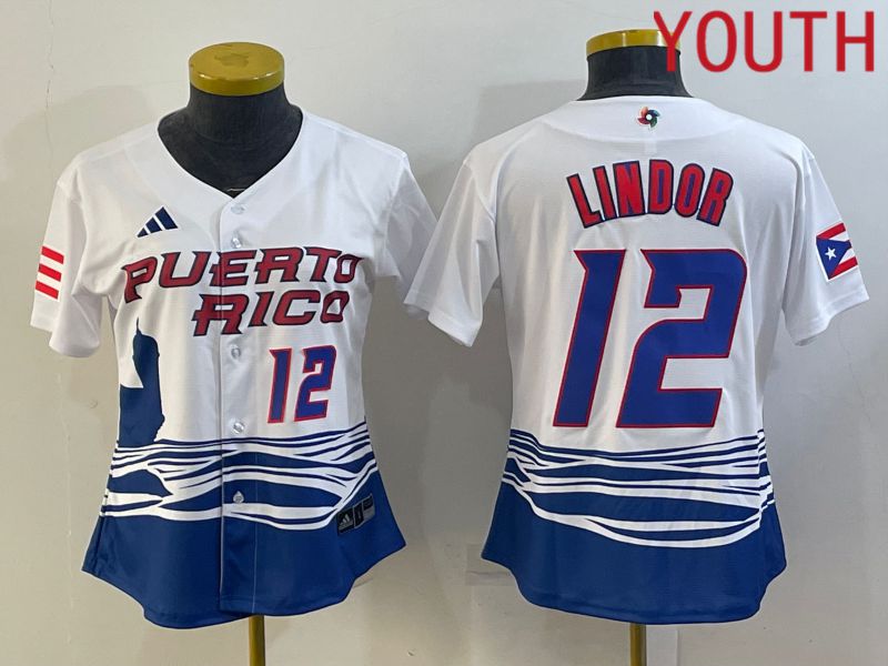 Youth 2023 World Cub Puerto Rico #12 Lindor White MLB Jersey7->youth mlb jersey->Youth Jersey